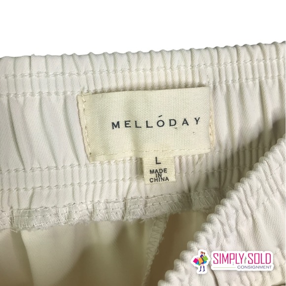 Melloday Women's Pants Drawstring Pull On White Stretch Pocket Trouser Bone Sz L - Picture 2 of 9
